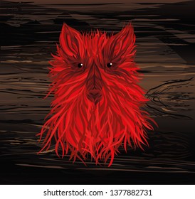 Fiery head of a dog or a wolf. Vector on wooden background. Symbol of the year 2030. New Year. . Greeting card or invitation for a holiday.