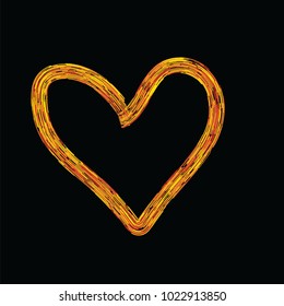 The fiery heart on the black background. Vector illustration.