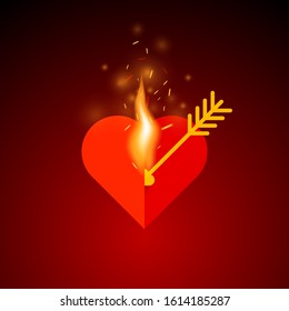 Fiery heart pierced by an arrow. 