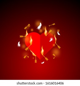 Fiery heart pierced by an arrows.