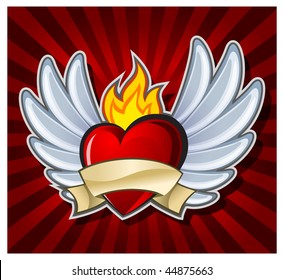 Fiery heart with wings on dark background, vector illustration