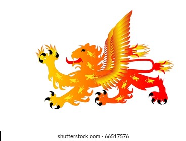 Fiery heraldic lion with wings