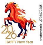 Fiery horse isolated on a white background. Year of the horse with burning fire concept on a white background. New year 2026. Happy New Year! Vector.