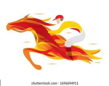 Fiery horse with jockey. 
Colorful stylized illustration of Jockey on the  running fire horse. Vector available.