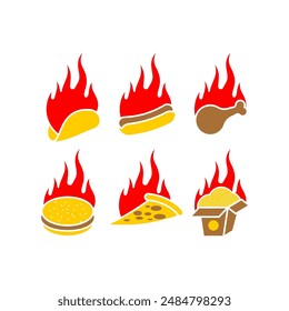 Fiery Hot fast food symbol set sign icon. Fiery food. Street food set concept with pepper. Burrito and burger. Fried chicken and pizza. Chinese food and hotdog