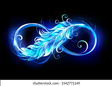 Fiery infinity symbol with light feather of bird from blue bright flame on black background.