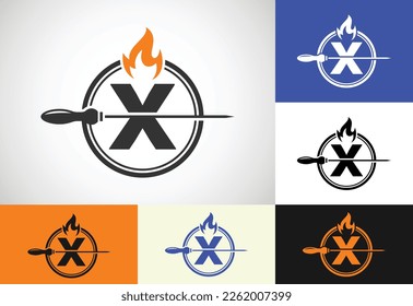 Initial-X-Buchstaben-Alphabet mit Schiefer und Feuer-Flamme. Logo-Design für Barbecue, Seekh Kebab, etc.