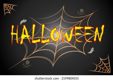 Fiery inscription Halloween on a scary dark background with cobwebs. Decoration Greeting Card  