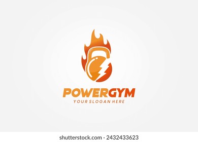 Fiery kettlebell gimnasio fuerza logo y símbolo de trueno. Logo del club de fitness y culturismo