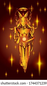 Fiery lady holds a magic ball in her hands, against the background of sparks of flame. 3d vector illustration