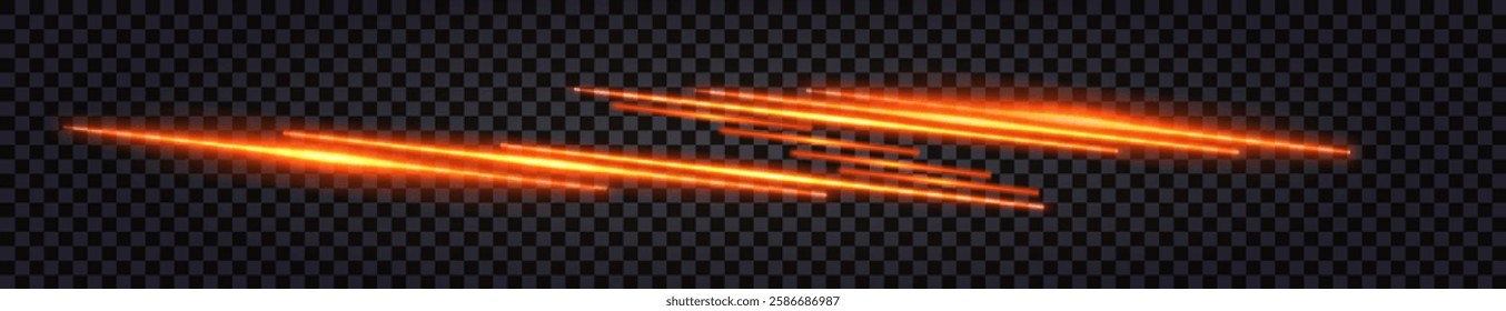 Fiery laser beam, red neon light glowing, lightning thunder bolt. Luminous laser streaks, shiny neon lines isolated on dark transparent background. Vector illustration