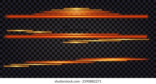 Fiery laser beams, red neon light glowing sticks, border divider, design element. Luminous light lines, thunder bolt, shiny streaks. Isolated vector on dark transparent background