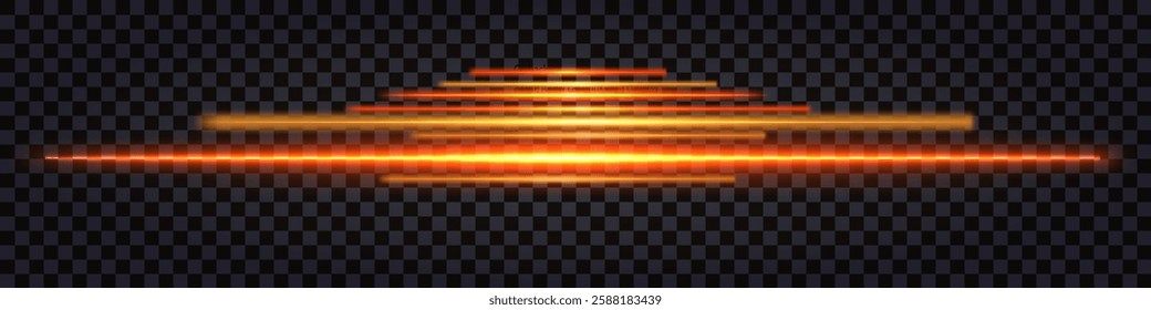 Fiery laser glowing lines, red neon light. Border lines, divider. Straight sticks with lightning thunder bolt effect, luminouse burning streaks. Isolated vector element on dark transparent background