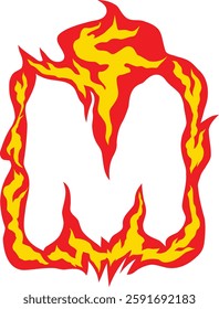 A fiery letter "M" with realistic flames, perfect for logos, gaming, branding, and creative typography. High-resolution vector suitable for commercial and digital artwork. Fire Alphabet Typography.