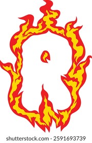 A fiery letter "R" with realistic flames, perfect for logos, gaming, branding, and creative typography. High-resolution vector suitable for commercial and digital artwork. Fire Alphabet Typography.