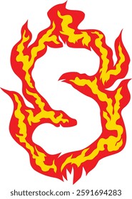 A fiery letter "S" with realistic flames, perfect for logos, gaming, branding, and creative typography. High-resolution vector suitable for commercial and digital artwork. Fire Alphabet Typography.