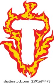 A fiery letter "T" with realistic flames, perfect for logos, gaming, branding, and creative typography. High-resolution vector suitable for commercial and digital artwork. Fire Alphabet Typography.
