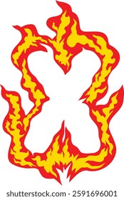 A fiery letter "X" with realistic flames, perfect for logos, gaming, branding, and creative typography. High-resolution vector suitable for commercial and digital artwork. Fire Alphabet Typography.