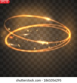 Fiery light circles glow effect, sparkling golden glitter. Fiery circles, sparkling magical whirlwinds and light energy