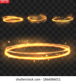 Fiery light circles glow effect, sparkling golden glitter. Fiery circles, sparkling magical whirlwinds and light energy