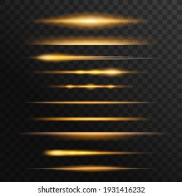 Fiery light flares, glowing sunbeams or rays effect set. Energy burst, flying comet or burning meteorite tale, sunset shine edge 3d realistic vector. Magical shine, fantasy glow lines design element