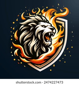 Fiery lion head vector design. Lion logo features a stylized lion's head within a shield shape