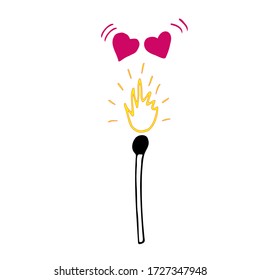 Fiery matches. Fire for two hearts, concept, vector illustration. Two hearts over a burning match on a white background.
