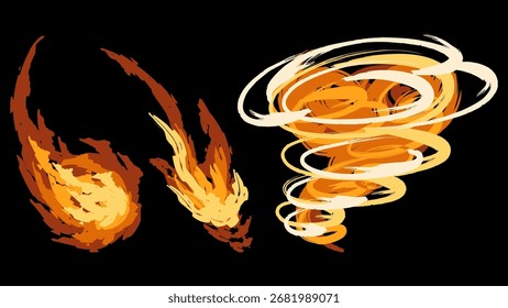 Fiery meteor strike, burning arrow effect, and swirling fire tornado, depicting various destructive fire effects