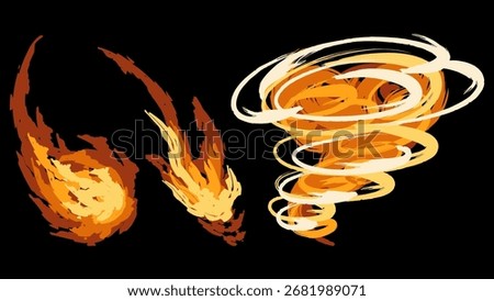Fiery meteor strike, burning arrow effect, and swirling fire tornado, depicting various destructive fire effects