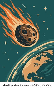 Um meteorito ardente irrompe pelo espaço enquanto se dirige em direção à Terra, cercado por estrelas e rastros de chamas em uma cena cósmica dramática.