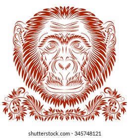 Fiery monkey head. Patterned abstract concept in antique style.