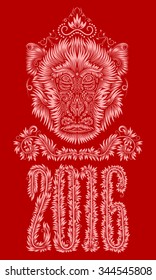 Fiery monkey year greeting card template. Floral patterned concept with monkey head and 2016 numbers.