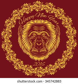 Fiery monkey year greeting card template. Floral patterned concept with chimpanzee head in wreath and inscription Happy New Year 2016.