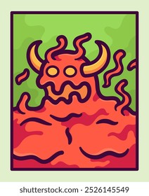 Fiery Monster with Horns and Swirling Flames Perfect for Halloween Themes Vibrant Cartoon Illustration