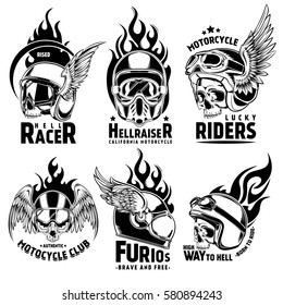 Fiery motorcycle skull helmet logos set with wings and  typographic inscriptions in vintage style isolated vector illustration