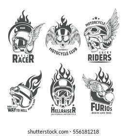 Fiery motorcycle skull helmet logotypes for clubs and communities design in vintage style isolated vector illustration 