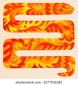 Fiery mythical snake. Bright ethnic illustration with pattern. Bright orange spirit of fire.