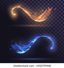 Fiery orange and blue swirling tails of flying stars, fire elements on transparent background