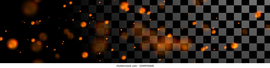 Fiery orange luminous bokeh lights particles on checkered transparent background. Vector glowing banner design
