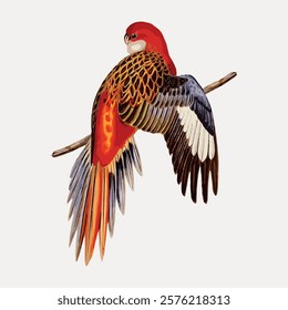 Fiery parakeet bird illustration isolated on white, vector. Vintage bird illustration, hand drawn bird vector, isolated on white background.