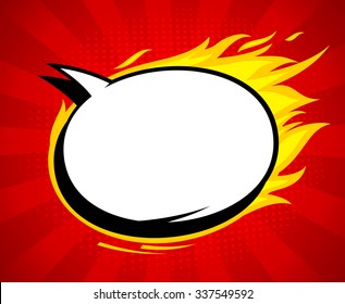 Fiery pop-art style empty speech bubble with flames against red rays backdrop.