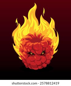 Fiery red berry monster with blazing flames and angry eyes, representing rage, power, and fantasy creature aesthetics. Burning raspberry berry