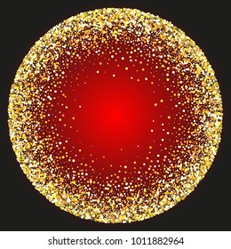 The fiery red circle with gold glitter on a dark background. Abstract black-red-Golden bright background. Vector illustration.