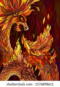 
Fiery red dragon. Graphic, colorful drawing of a dragon exhaling fire symbolizing the element of fire. 