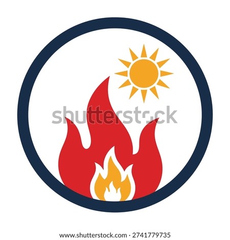 Fiery red flames engulfing a stylized sun symbol within a circular border evoking intense heat danger and natural energy concepts