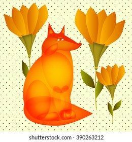 Fiery red Fox sits among the flowers . Template for postcards.