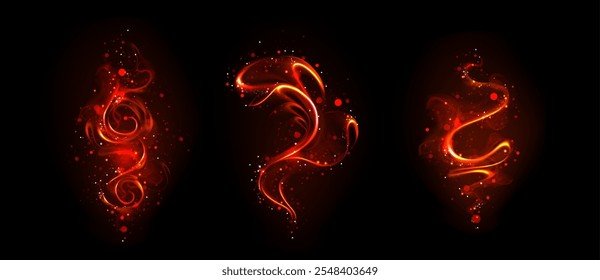 Fiery red magical traces swirling on dark background. Glowing orange wand trails create mystical spiral patterns effect surrounded by luminous sparks. Enchanted fantasy smoke design elements.