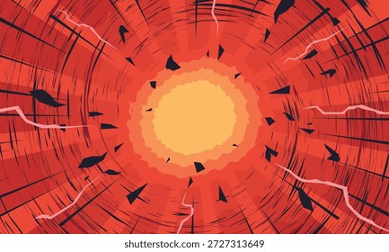 Fundo de explosão de quadrinhos vermelho e laranja com linhas de velocidade radial, fragmentos quebrados e explosão de energia central brilhante.