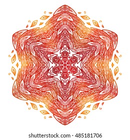 Fiery red and orange doodle style feathers abstract vector mandala