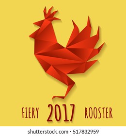 Fiery red rooster is a symbol of next year by the Chinese calendar. Vector illustration in paper origami style